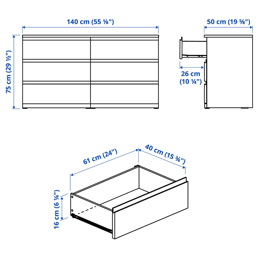STORKLINTA kumode ar 6 atvilktnēm, baltā krāsā, 140x50x75 cm