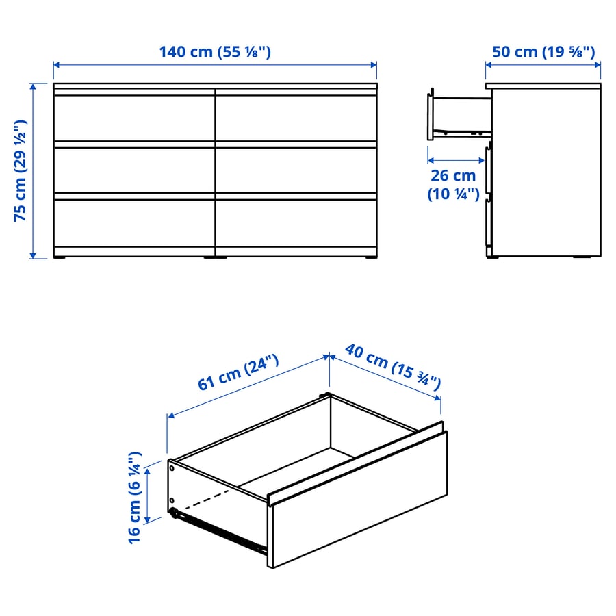 STORKLINTA kumode, 6 atvilktnes, ozola imitācija, 140x50x75 cm
