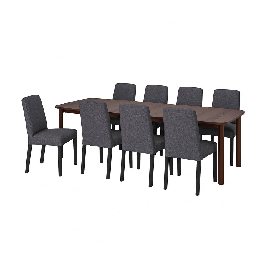 STRANDTORP / BERGMUND galds un 8 krēsli, brūnā krāsā/Gunnared pelēks, 150/205/260 cm