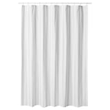 Biała zasłona prysznicowa SVARTSTARR w szare paski, poliester z recyklingu, wodoodporna.