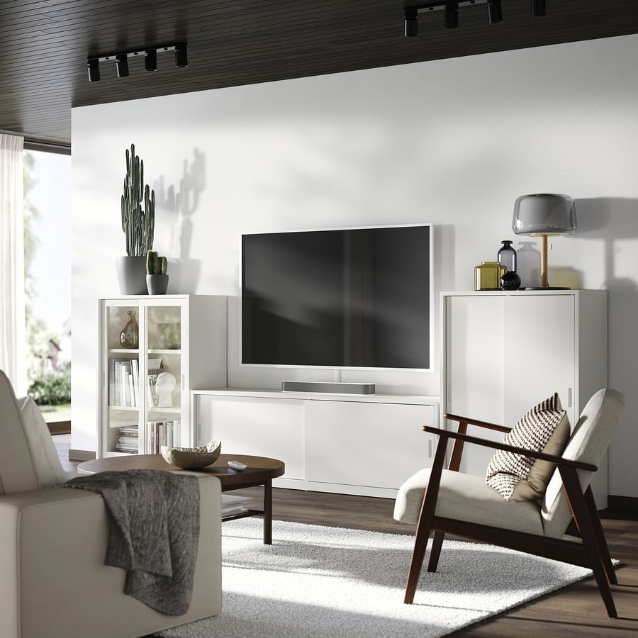 TONSTAD TV skapis ar bīdāmajām durvīm, krēmbaltā krāsā/stikls, 339x37x116 cm