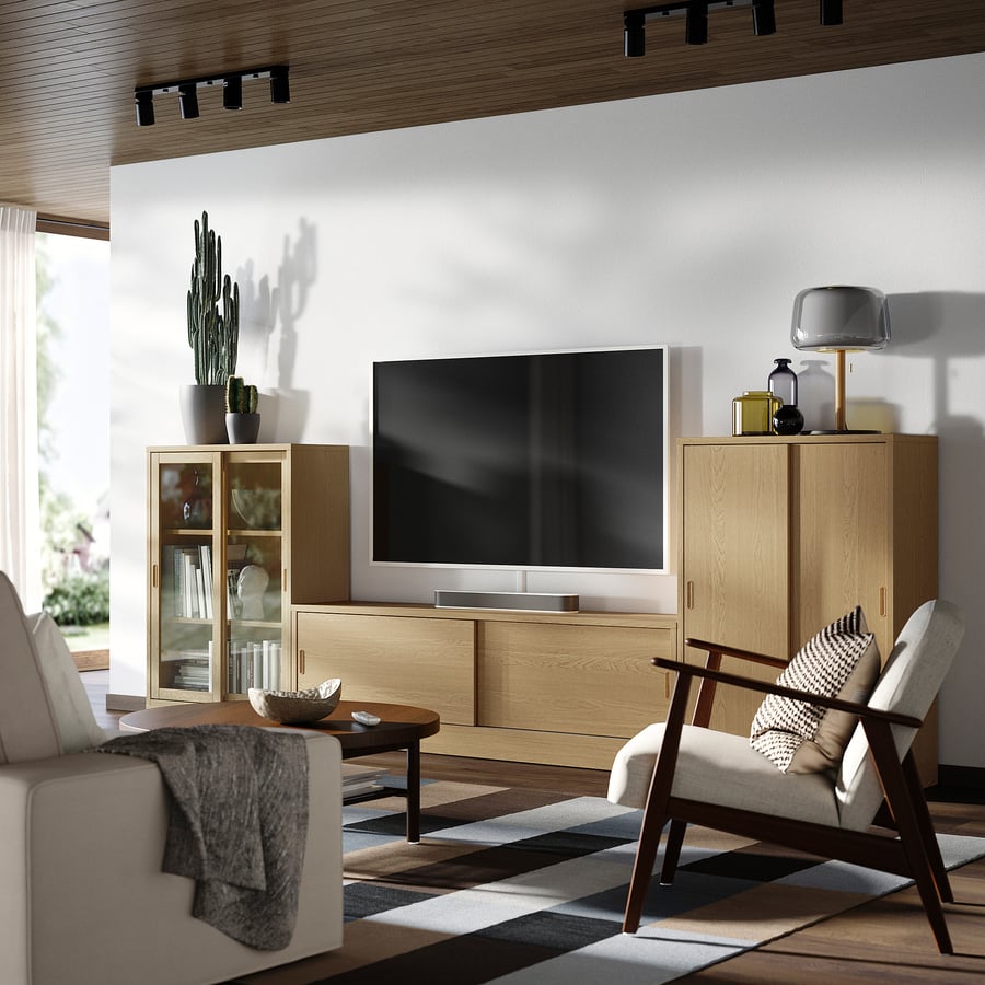 TONSTAD TV skapis ar bīdāmajām durvīm, ozolkoka finieris/stikls, 342x37x120 cm