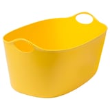 Jasnożółty elastyczny plastikowy kosz na pranie z dwoma solidnymi uchwytami, ukształtowany tak, aby ułatwić przenoszenie.