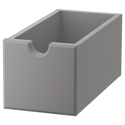 Szary pojemnik do przechowywania TORNVIKEN, wykonany z płyty pilśniowej, prostokątny kształt, otwarta góra, nowoczesny design.