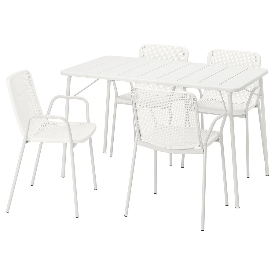TORPARÖ galds + 4 krēsli ar roku balstiem, ārpuse - saliekams balts/balts 130x74 cm 