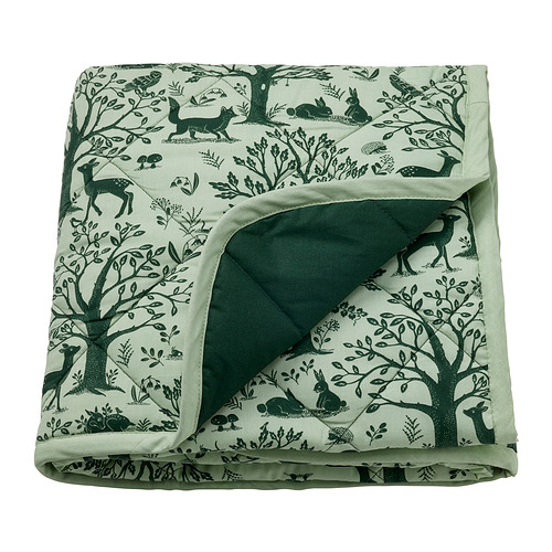 TROLLDOM - koc pikowany, 96x96 cm, wzór w zwierzęta leśne/zielony