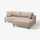 Jasnobeżowa sofa narożna UPPÅKRA, nowoczesny design, wygodna, tapicerowana paskowanym materiałem, z szezlongiem i poduszkami na drewnianych nogach.