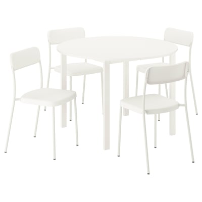 IKEA VIHALS biały okrągły stół do jadalni i zestaw czterech krzeseł, minimalistyczny design.