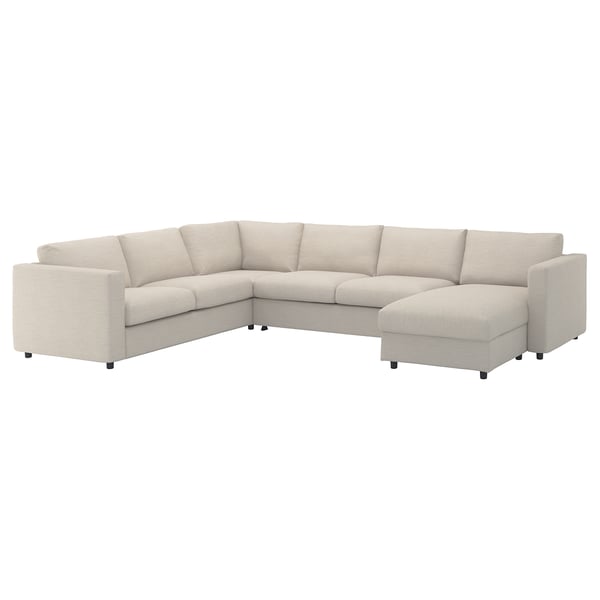 Sofa segmentowa VIMLE, jasny beż, tkanina tapicerowana, zakrzywiony kształt litery L, nowoczesny minimalistyczny design.