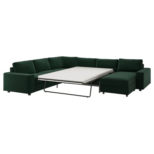 Sofa segmentowa VIMLE w kolorze głębokiej zieleni, w kształcie litery U z rozkładanym łóżkiem, aksamit z recyklingu.