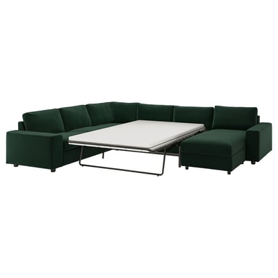 Sofa segmentowa VIMLE w kolorze głębokiej zieleni z rozkładanym łóżkiem, nowoczesny design.
