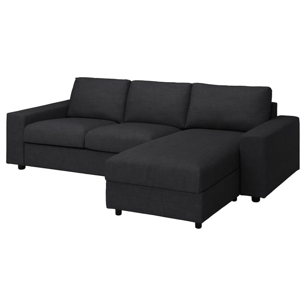Sofa VIMLE, ciemnoszara. Nowoczesny kształt litery L, miękkie poduszki, tkanina z recyklingu.