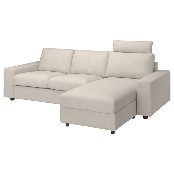 Beżowa sofa segmentowa VIMLE z szezlongiem, nowoczesny design, pokryta tkaniną, w kształcie litery L.