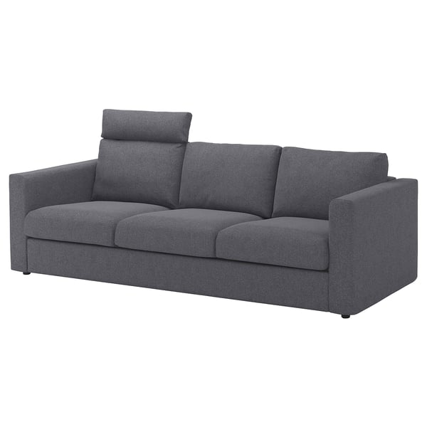 Ciemnoszara sofa VIMLE, nowoczesny design, tapicerka z tkaniny, czyste linie, trzy poduszki.