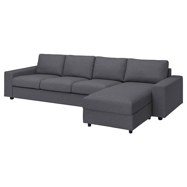 Szara sofa segmentowa VIMLE z szezlongiem, nowoczesny design, tapicerowana poliestrem z recyklingu.