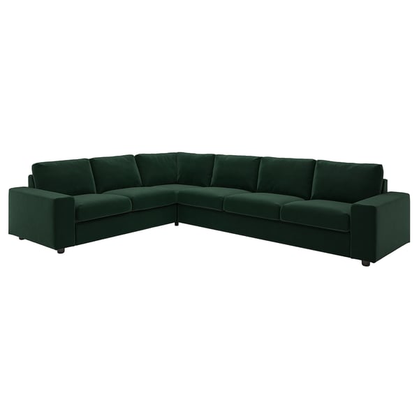 Sofa VIMLE w kształcie litery L, ciemnozielona. Aksamitna tapicerka, pluszowe poduszki, nowoczesny design.