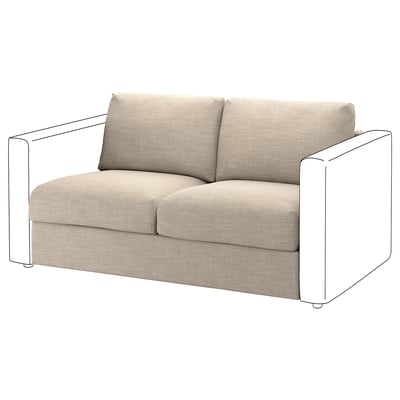 Beżowa sofa VIMLE o nowoczesnym designie. Ma miękki, materiałowy pokrowiec, kwadratowe ramiona i wygodny, zachęcający wygląd.