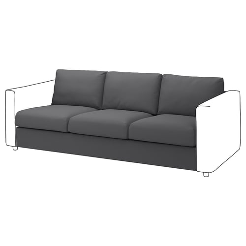 Szara sofa VIMLE, nowoczesny design z 3 miejscami siedzącymi, miękka tkanina, minimalistyczny styl.