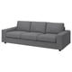 Szara sofa VIMLE, nowoczesny design z szarą teksturowaną tkaniną, miękkimi poduszkami i solidnymi czarnymi nogami.