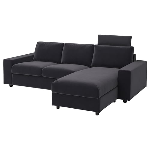 VIMLE: szara, nowoczesna sofa segmentowa z aksamitnym wykończeniem i skośnym szezlongiem.