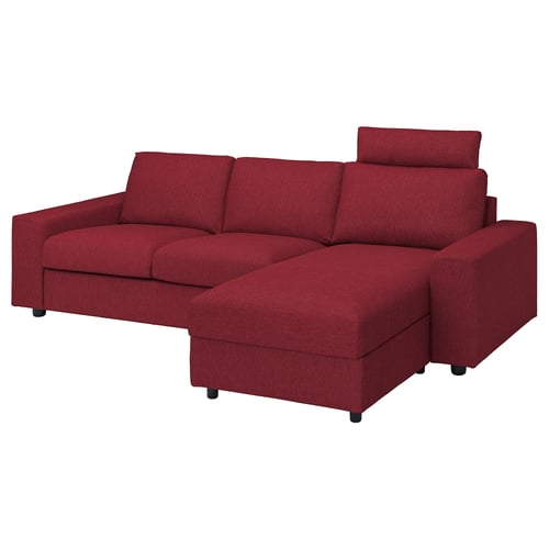 Czerwona sofa w kształcie litery L VIMLE ze schowkiem, wygodnymi poduszkami i wspierającym zagłówkiem.