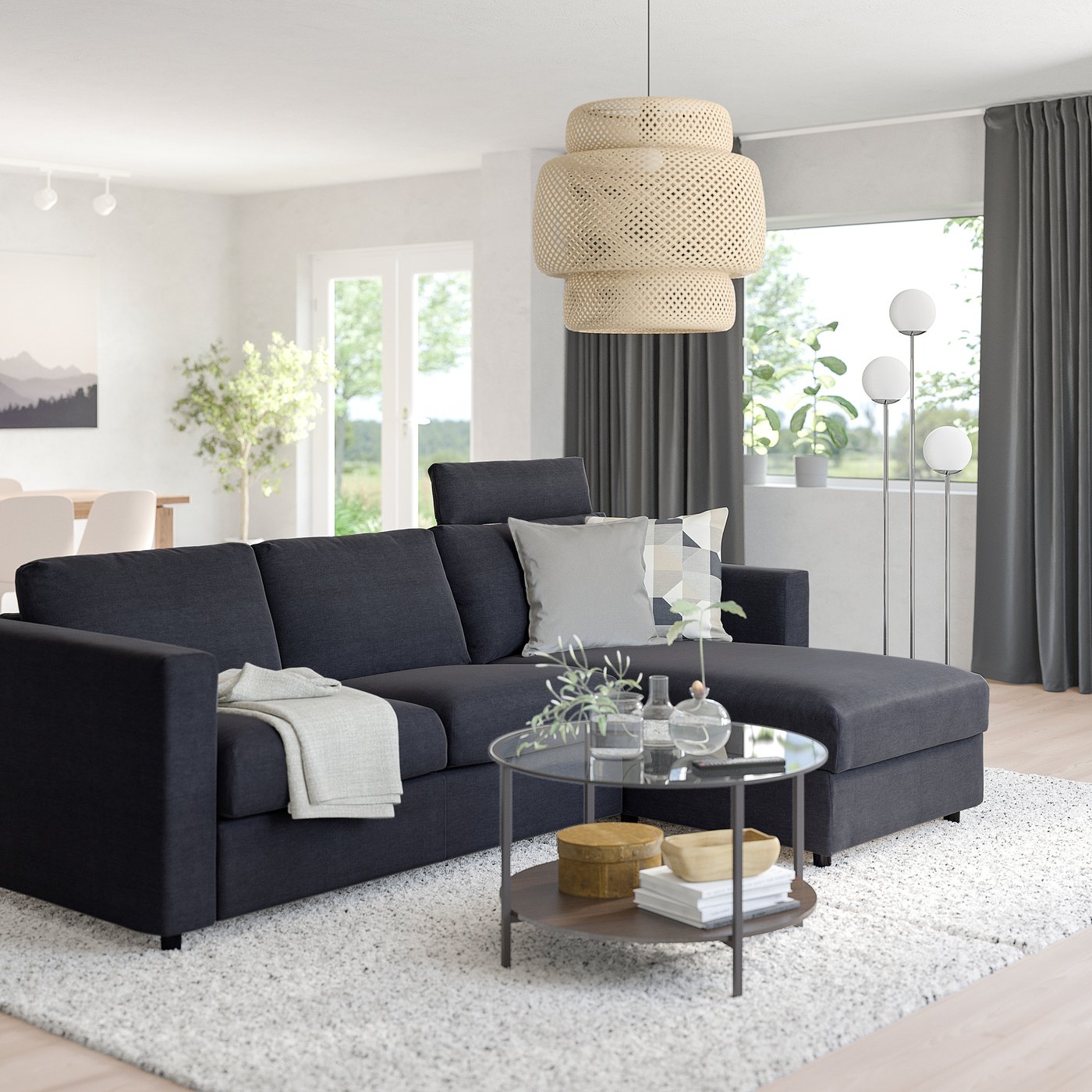 VIMLE Sofa 3-osobowa z szezlongiem - z zagłówkiem Saxemara/czarnoniebieski