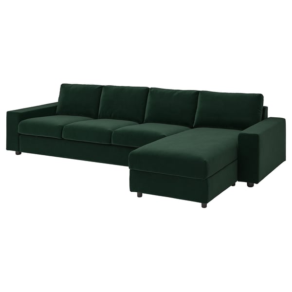 Ciemnozielona sofa segmentowa VIMLE z szezlongiem. Ma nowoczesny wygląd i wygodny, pluszowy design.