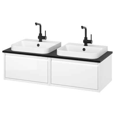 Modern white dual sink vanity. Matte handles, black accents, marble basins.
