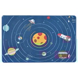 Space-themed blue desk pad with planets, rockets, and stars. Circular design, durable recycled polyester.