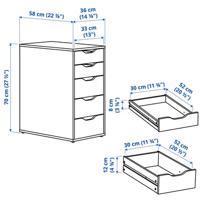 White ALEX 5-drawer chest. Minimalist design, smooth, square edges, black handles.