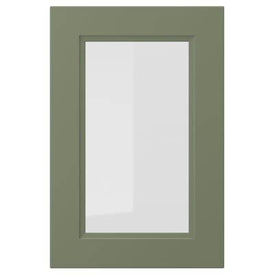 AXSTAD green rectangular glass door, matte finish, soft lines, inset glass panel, modern traditional design.