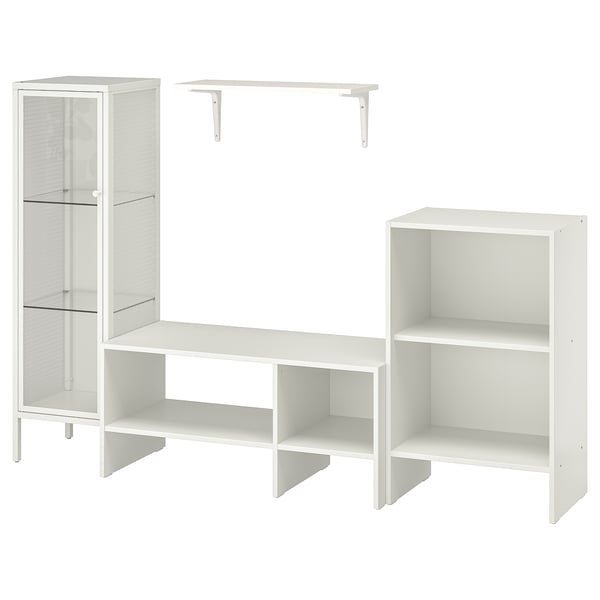 The white BAGGEBO furniture set, including a bookcase, display cabinet, tv bench, and wall shelf, all designed in a clean, minimalist style.