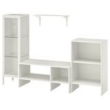 The white BAGGEBO furniture set, including a bookcase, display cabinet, tv bench, and wall shelf, all designed in a clean, minimalist style.