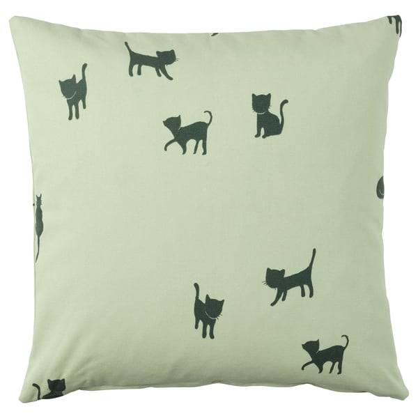 Cat-shaped throw pillow, mint green, cotton, square, black cat designs.
