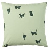 Cat-shaped throw pillow, mint green, cotton, square, black cat designs.