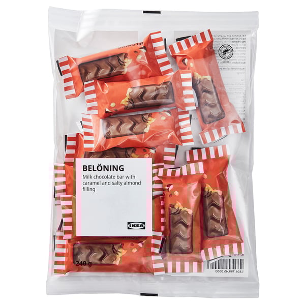 Clear plastic bag of ikeas BELÖNING chocolate bars, showing multiple bars with red and white wrapping, weighing 240g.
