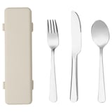 Beryllight cutlery set: cream case, silver fork, knife, spoon. Compact, durable picnic kit.