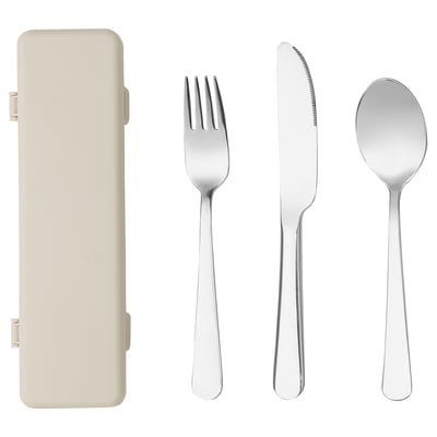 Beryllight cutlery set: cream case, silver fork, knife, spoon. Compact, durable picnic kit.