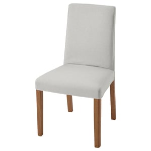 BERGMUND chair: gray, wooden legs, curved back, padded seat, modern design.
