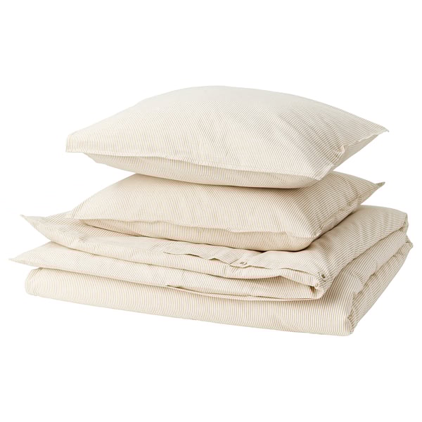 BERGPALM bedding set in beige stripe, soft cotton fabric, folded neatly for display, with classic, vintage design.