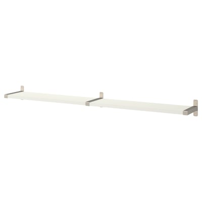 A white BERGSHULT wall shelf with metal brackets, featuring beveled and smooth edges.