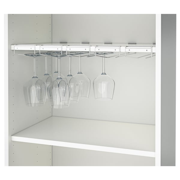 Wine glass holder underneath a shelf, saving space and keeping glasses dust-free.