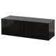 Black BESTÅ storage unit, sleek, rectangular, high-gloss design with two glass doors.