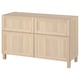 Light wooden sideboard, BESTÅ, light beige, rectangular, four doors, two with shelves, sleek design.