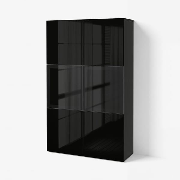BESTÅ Storage combination w glass doors, black-brown/Selsviken high-gloss/black smoked glass, 120x42x193 cm