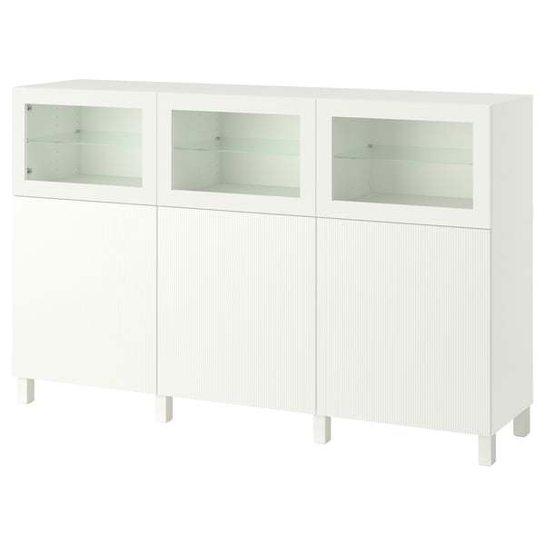 White BESTÅ sideboard with 3 glass doors, modern, rectangular, soft-close hinges.