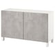 White ikea BESTÅ sideboard with gray textured doors, 2 adjustable shelves.