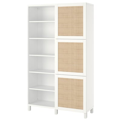 White BESTÅ furniture with wicker doors and open shelves, combining display and storage.