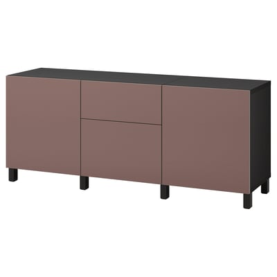 An ikea BESTÅ sideboard in dark red with a black top. It has two drawers and two cabinets with a sleek, modern design.