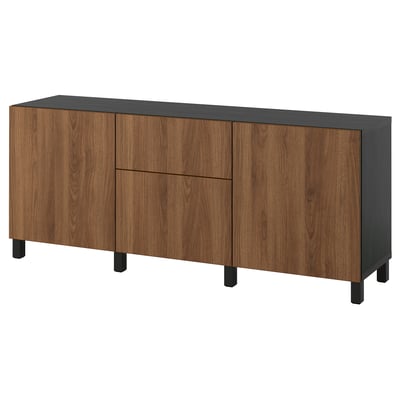BESTÅ Storage combination with drawers, black-brown Lappviken/Stubbarp/brown walnut effect, 180x42x74 cm
